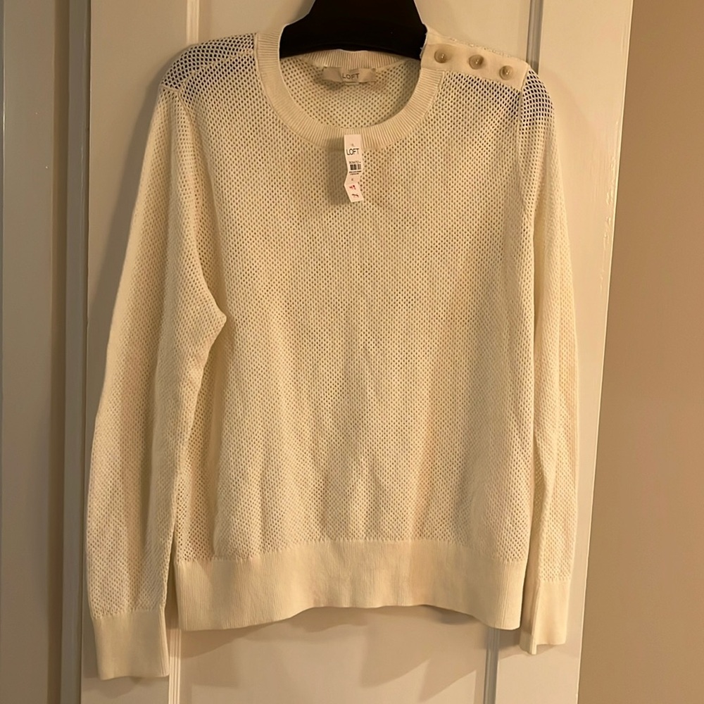 NWT Loft pointelle cream sweater with button shoulder detail XL